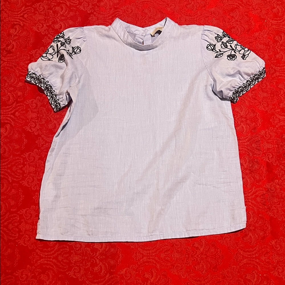 LOFT Petite Small Light Blue Embroidered Puff Sleeve Cotton Blouse Floral Top